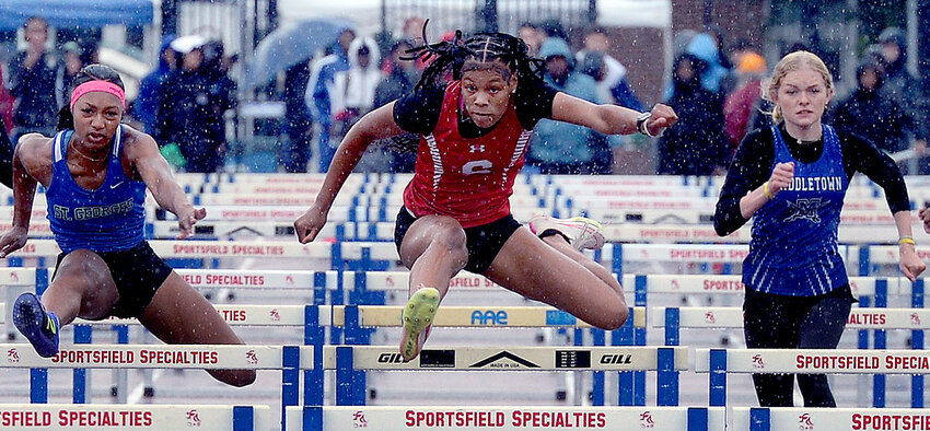 Smyrna sophomore Aaliyah Turpin narrowly won the Division I finals Saturday  in the 100-meter hurdles with a time of 14.72. Kam'Dyn Thomas of St. Georges was second 14.9 followed by Middletown's Taylor Stone at 15.92. SPECIAL TO THE DAILY STATE NEWS/GARY EMEIGH