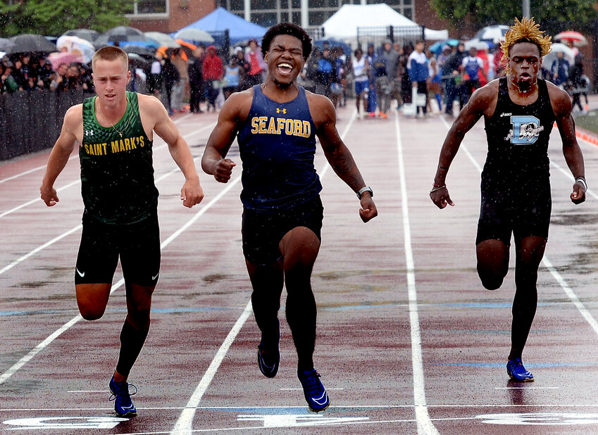 Jazonte Levan of Seaford won the boys' Division II 100-meter dash with a time of 10.86.  Chad Dohl of St. Mark's was second with Dickinson's Jakai Robinson finishing third. SPECIAL TO THE DAILY STATE NEWS/GARY EMEIGH