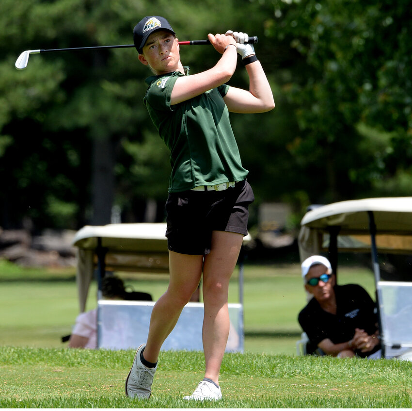 Sarah Lydic of Indian River watching her drive from the eighth tee in the DIAA state tournament at Maple Dale Golf Club Wednesday.  SPECIAL TO THE DAILY STATE NEWS/GARY EMEIGH