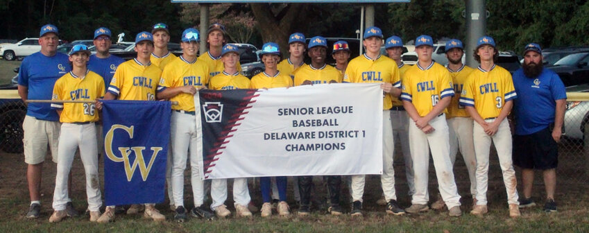 The members of the Camden-Wyoming Senior League baseball all-stars are, left to right: Coach Jeff Raiche, Quin Collins, Coach Tim Simmons, Parker White, Logan Simmons, Drew Burns, James Suhrbier, Zack Raiche, Shane Powell, Owen Johnston, Makai Parker, Zayne Collins, Caleb Cole, Cole Beaver, Carter Dulin, Dennis Wilson, Connor Heritage and Manager Mike Wilson. Not shown: Kurt Helsdon. SUBMITTED PHOTO.