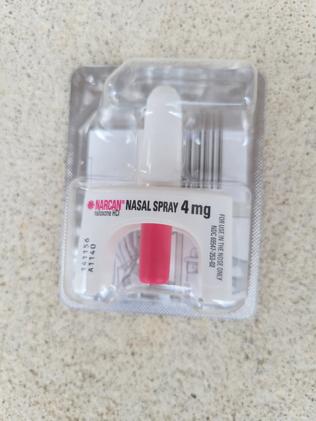 Shown is a nasal spray kit with 4 milligrams of Narcan ready for use to prevent an opioid overdose.