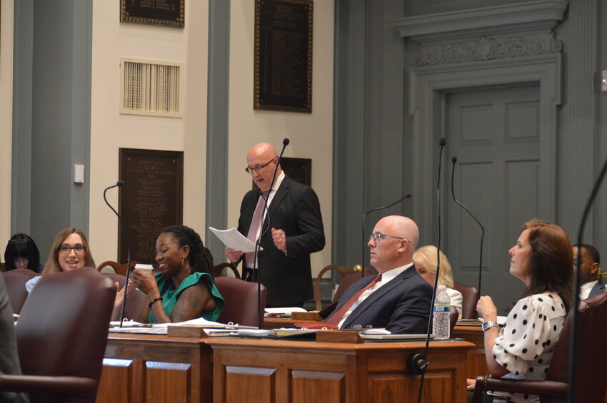 Sen. Jack Walsh, D-Stanton, who chairs the Joint Committee on Capital Improvement, details the fiscal year 2024 bond bill during the Senate&rsquo;s consideration Wednesday afternoon.