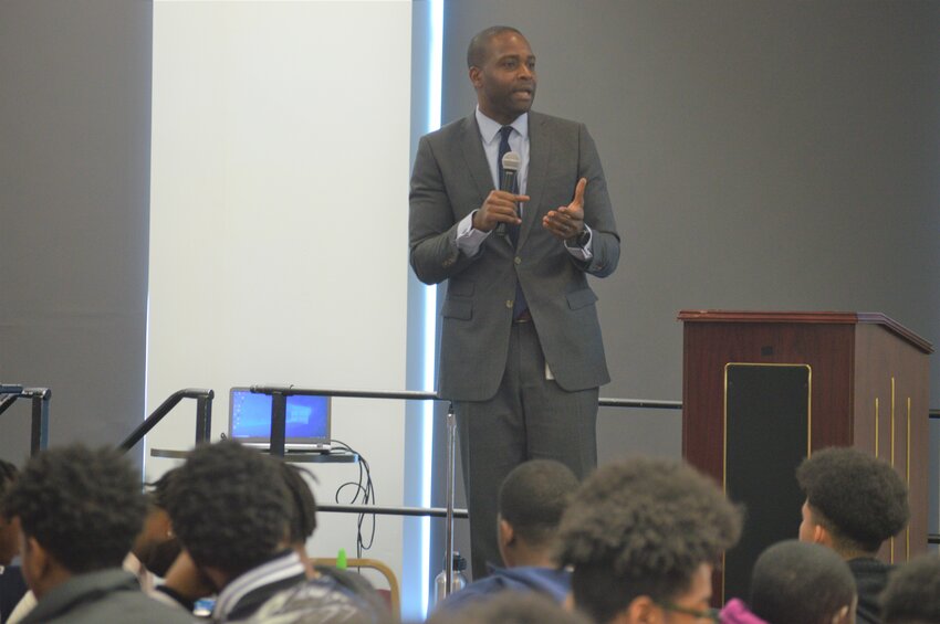 Delaware State Housing Authority Director Eugene Young speaks at the 2023 Black Male Initiative at Delaware State University.