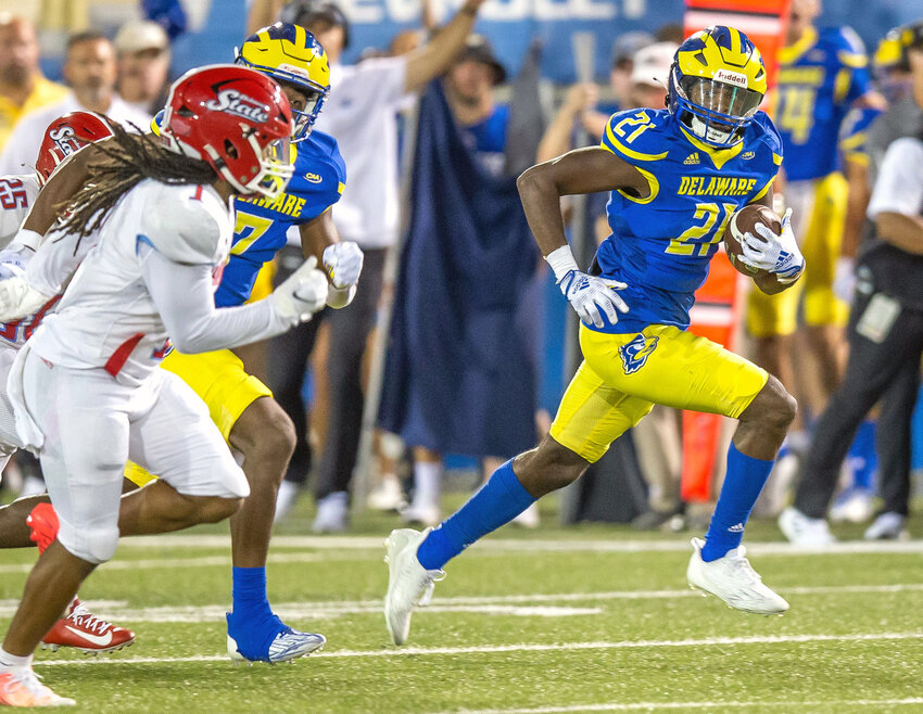 Delaware&rsquo;s Marcus Yarns broke off an 82-yard TD run in the third quarter against Delaware State last season./Delaware Sports information Mark Campbell