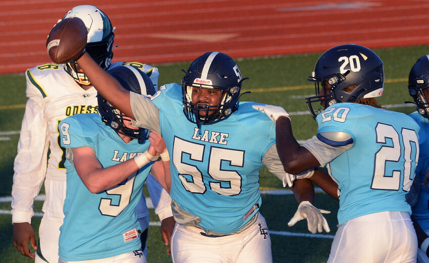 Jay e&rsquo;mir Harris of Lake Forest celebrates after he recovered an Odessa fumble on their first possession Thursday night. SPECIAL TO THE DELAWARE STATE NEWS/GARY EMEIGH