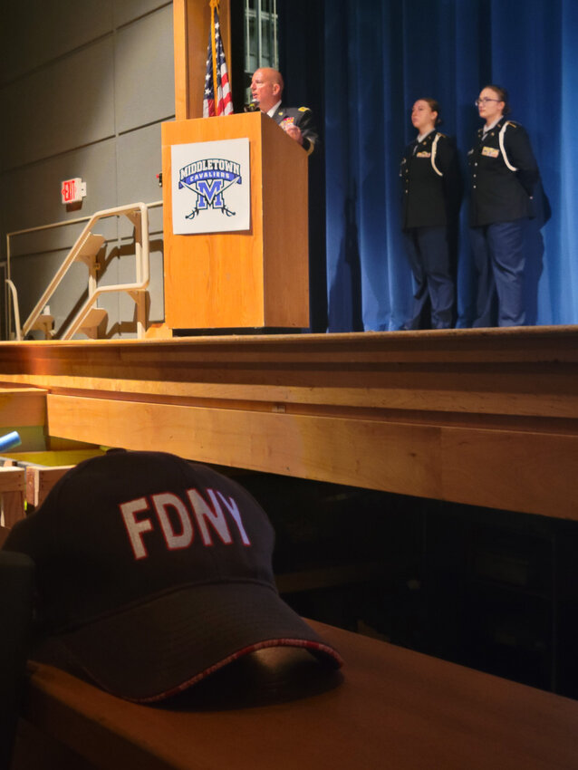 Delaware National Guard Maj. Gen. Michael Berry offers remarks at a Patriot Day Ceremony held in remembrance of 9/11 at Middletown HIgh on Monday.