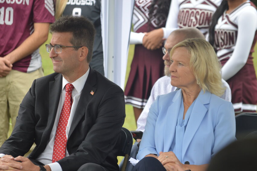New Castle County Executive Matt Meyer sits alongside Lt. Gov. Bethany Hall-Long prior to delivering remarks at Friday&rsquo;s Hodgson Vo-Tech groundbreaking ceremony.