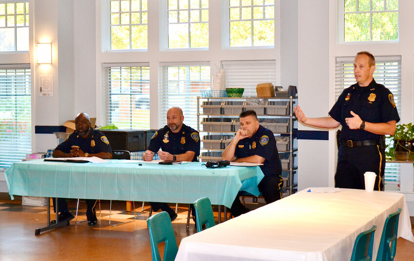 At the Cambridge Police Department&rsquo;s town hall event last week, Chief Justin Todd, Capt. Antoine Patton, Capt. Shane Hinson and Lt. Greg McCray address those in attendance.
