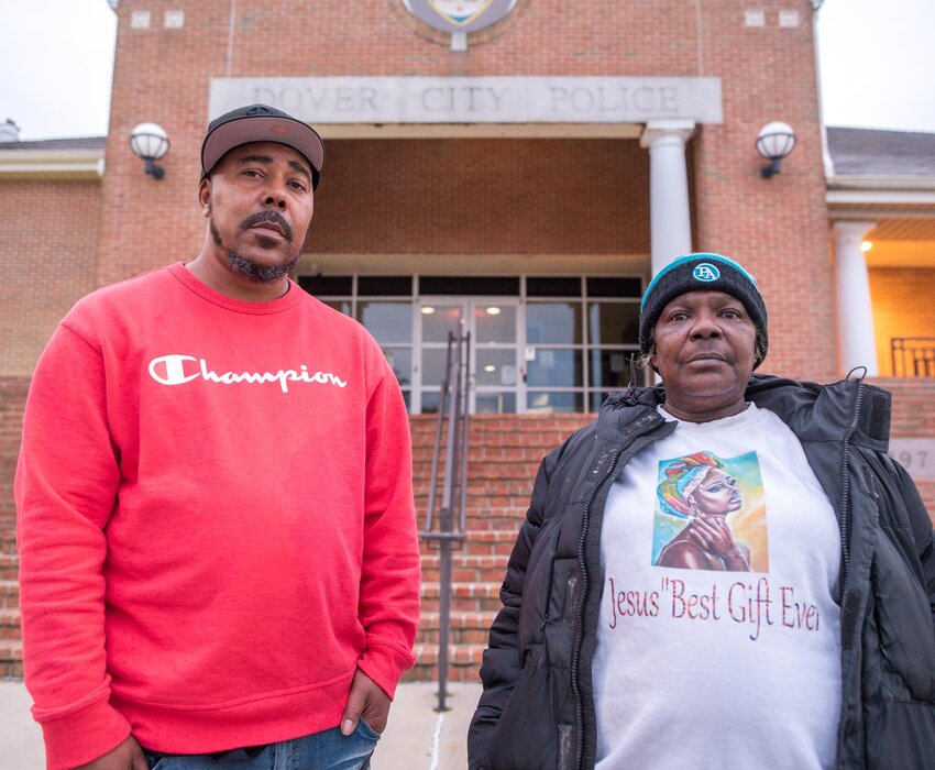 Jamar Flamer and Kim Chapman, first cousin and mother of Michael Jarrett, respectively, outside the Dover Police Department on Tuesday. Mr. Jarrett&rsquo;s family is questioning a Dover police officer&rsquo;s use of force that left the 50-year-old Dover resident hospitalized.
