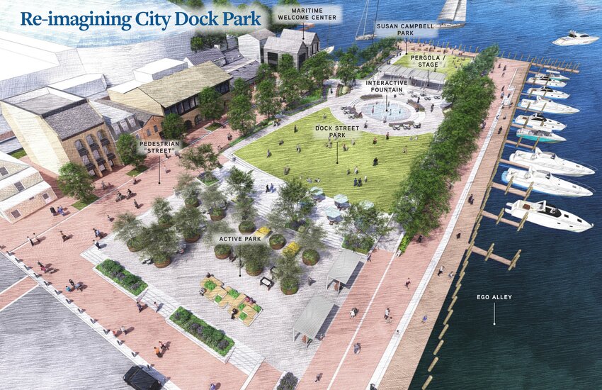 A mock-up of the redesigned Annapolis (Maryland) City Dock shows a new welcome center, green space and an interactive fountain. The reimagined area is a part of the City Dock master plan, which will address flooding and preserve historic infrastructure downtown.