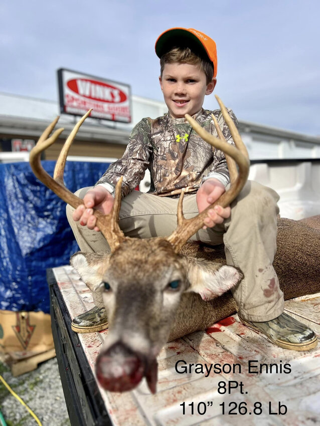 This 126.8 lb. white-tailed deer harvested by Grayson Ennis placed third in the &quot;Heavy Buck&quot; category during the Junior Hunt weekend competition held by Wink's Sporting Goods in Princess Anne. Registration is now open at Wink's for hunters who will be taking part in the two-week firearms season which opens Saturday, Nov. 25.