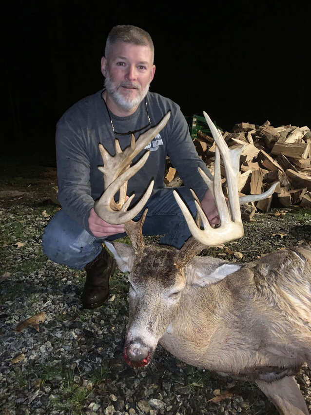 In this photo shared by Wink&rsquo;s Sporting Goods in Princess Anne, Robbie Wink shows off his efforts on private land Nov. 30. The antlers on this deer measured 187 5/8 inches gross and was estimated to be five years old, having taken an arrow last year and survived.