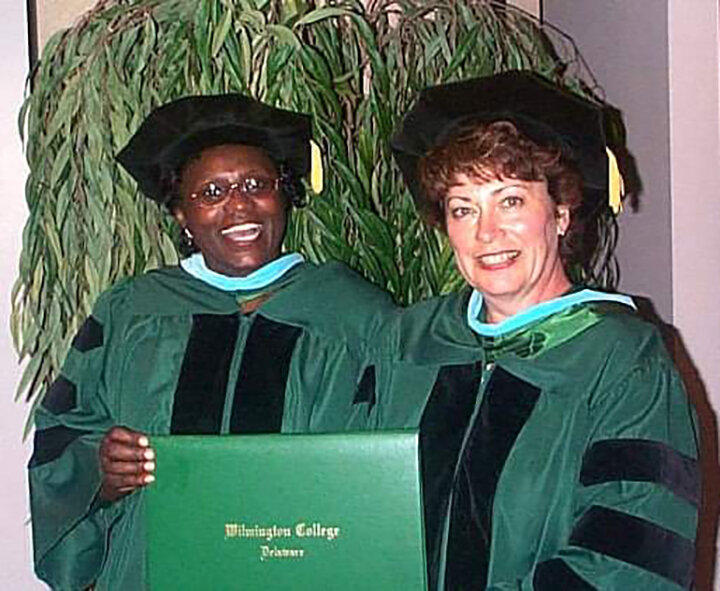 Fellow educators and doctoral program students Theresa Stafford, left, and Susan Lester formed a strong bond while enrolled at Wilmington College, receiving their diplomas on the same day in 2004.