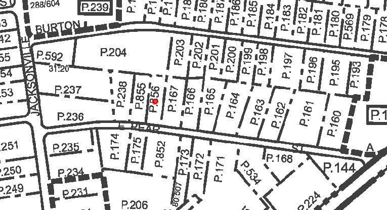 The parcel with the red dot is the first of three proposed for new affordable home on East Pear Street just outside Crisfield city limits. It is being built by Parkside High School CTE students. The other two lots, 238 and 855 are also proposed for new housing once the first one is sold.