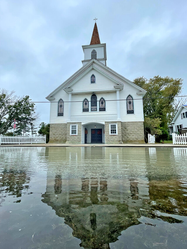 Flood waters approach a church on Smith Island on Sept. 28, 2023.