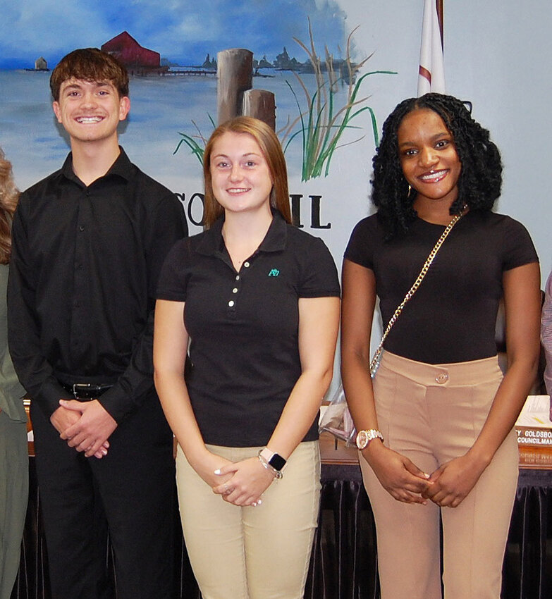 From left, Will Holland, Abi Wise and Savannah Hall are the three student representatives to the City Council and each has reported on projects they would like the city to get behind. These Crisfield High seniors were selected by their school administration and sworn-in as non-voting members in November.