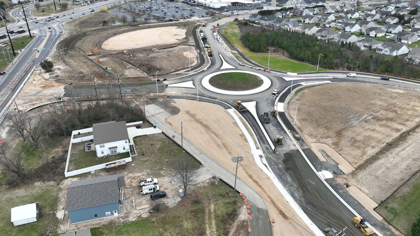 This drone photo shows the Five Points intersection in Lewes, facing in a southeast direction. Coastal Highway is visible at the top of the image, seen from the southbound side. Certain sections of the thruway are expected to open before summer.