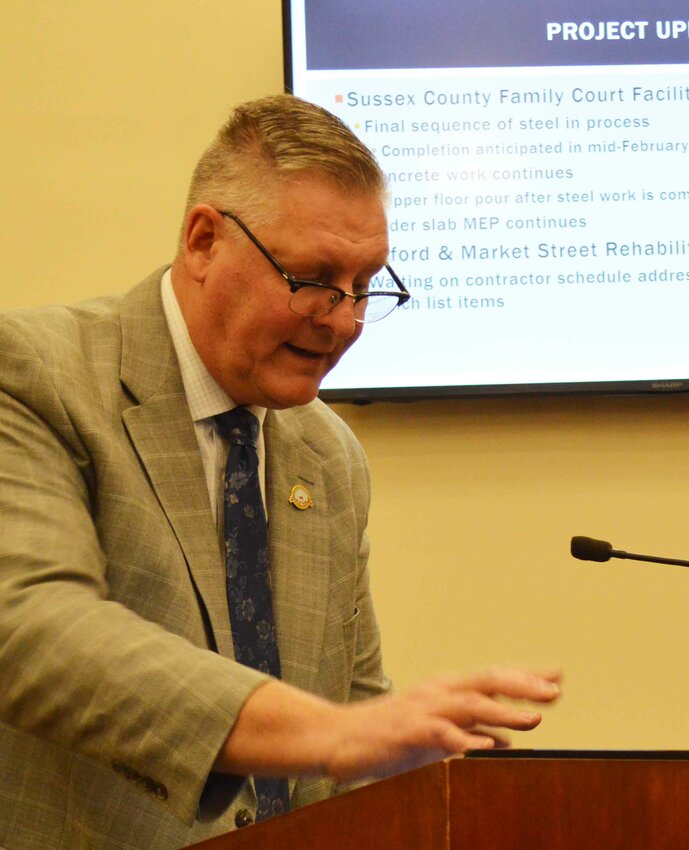 Georgetown town manager Eugene Dvornick shares project updates at the Town Council meeting Monday.