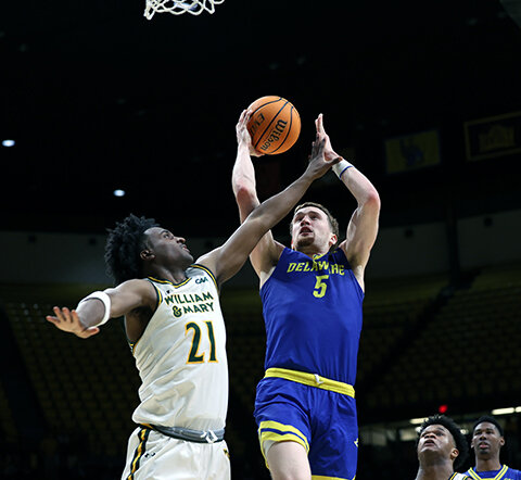 Delaware's Christian Ray puts up a shot against William &amp; Mary on Thursday night. DELAWARE ATHLETICS PHOTO.