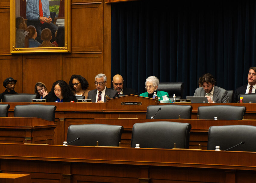 U.S. Rep. Bobby Scott speaks during Wednesday&rsquo;s hearing by the House of Representatives' Education &amp; the Workforce Committee. The panel&rsquo;s chairwoman, Rep. Virginia Foxx, sits to his left.