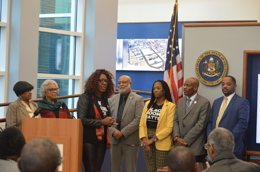 State Rep. Kendra Johnson, chair of the Delaware Legislative Black Caucus, recognized the growth of the caucus in Delaware&rsquo;s General Assembly on Tuesday. From left are Rep. Stephanie T. Bolden, Rep. Stell Parker Selby, Rep. Johnson, Rep. Franklin Cooke, Sen. Marie Pinkney, Rep. Nnamdi Chukwuocha and Sen. Darius Brown.