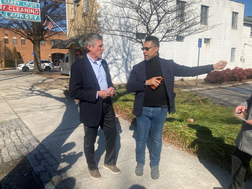 Gregory Reaves, CEO and co-founder of Mosaic Development Partners, shows Gov. John Carney where a multi-modal transportation hub with more than 300 parking spaces will be built between South Governors and South Bradford Street as part of the Capital City 2030 Transforming Downtown Dover master plan.