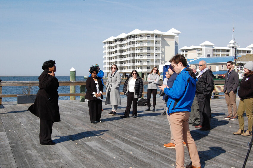 Mayor Darlene Taylor speaks to the media, FEMA and MDEM officials while at the Crisfield City Dock following a lunch and meeting at the Tawes Museum.