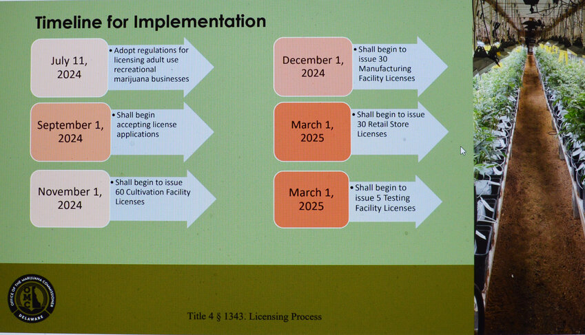 The timeline for implementation of licensing in Delaware's Marijuana Control Act.