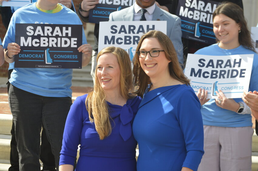 State Treasurer Colleen Davis, left, announced her endorsement of state Sen. Sarah McBride in her campaign for Delaware's lone seat in the U.S. House of Representatives at Legislative Hall on Monday.