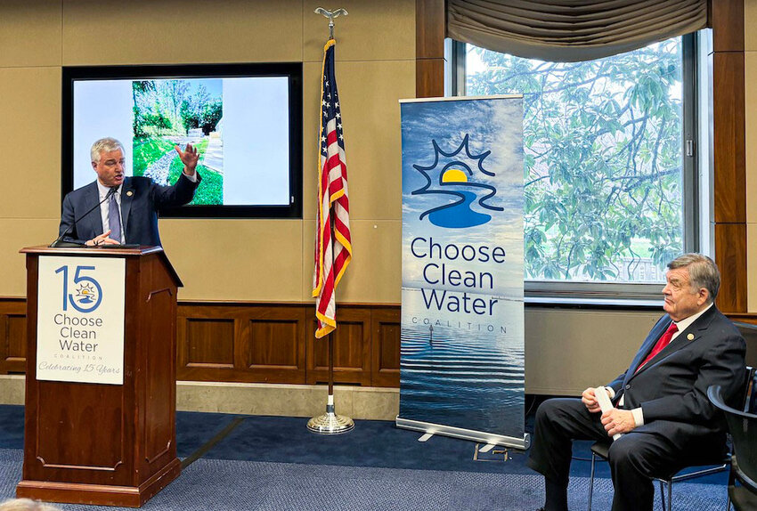 Democratic Rep. David Trone, who is running for the U.S. Senate in Maryland, discusses Chesapeake Bay cleanup efforts as Rep. Dutch Ruppersberger, D-Maryland, looks on.