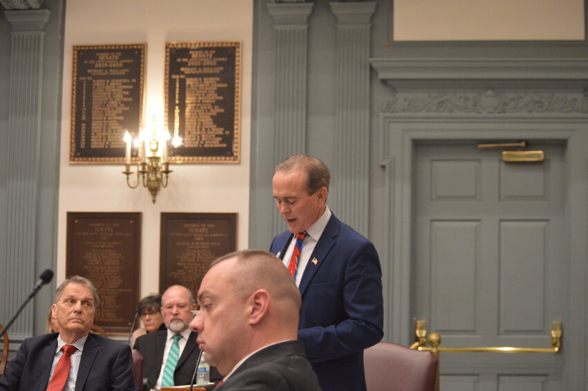 Sen. Eric Buckson speaks on the Senate floor during consideration of Senate Majority Leader Bryan Townsend&rsquo;s competing resolution to establish a task force dedicated to studying school climate concerns in Delaware.