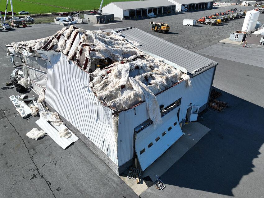 An aerial view of the damage to the Department of Transportation's Bridgeville Area 2 Yard, caused by the April 1, 2023 tornado.