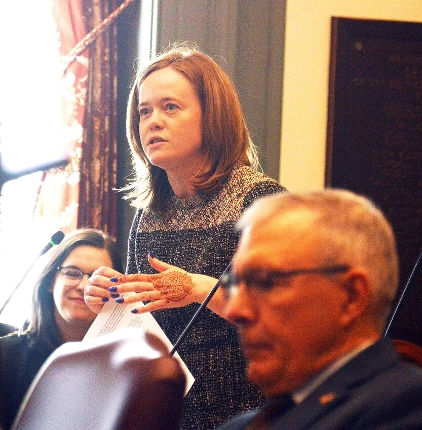 Sen. Kyle Evans Gay addresses the Senate on Tuesday regarding her proposal to ensure insurance coverage for over-the-counter contraceptives following the U.S. Food and Drug Administration&rsquo;s July 2023 approval of Opill.
