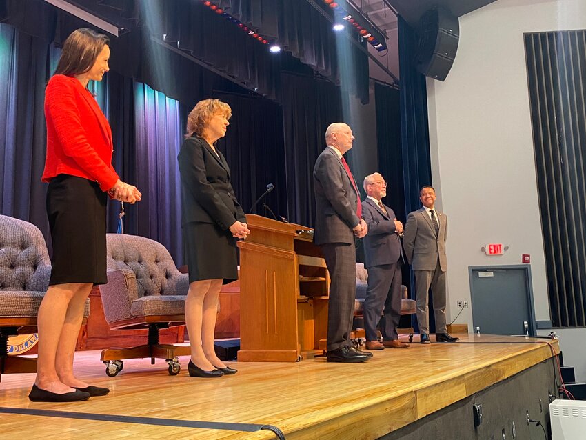 Delaware Supreme Court Justices, from left, Abigail LeGrow, Karen Valihura, Chief Justice Collins J. Seitz Jr., Gary Traynor and N. Christopher Griffiths answer questions from the crowd following the first oral arguments of the court in Sussex County on Tuesday.