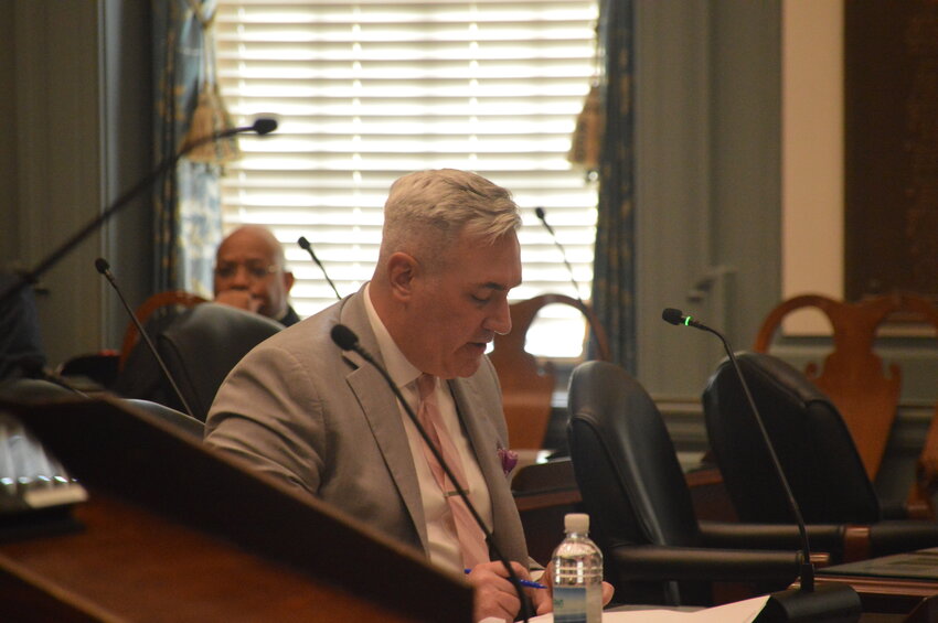 State Rep. Sean Lynn addresses members of the House of Representatives Administration Committee on Wednesday during consideration of his proposal to remove the death penalty from the Delaware Constitution.