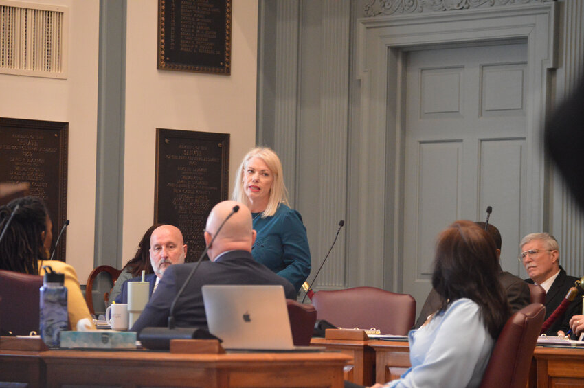 Sen. Nicole Poore manages House Bill 15 on the Senate floor Thursday. The legislation, which expands coverage for ovarian cancer screenings if risk factors are detected, received unanimous passage in both chambers of the General Assembly this week.
