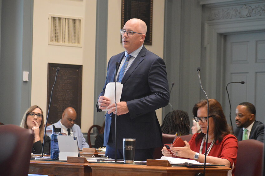 Sen. Russ Huxtable, D-Lewes, addresses the Senate floor in May 2023 regarding his proposal to modify Delaware's realty transfer tax.