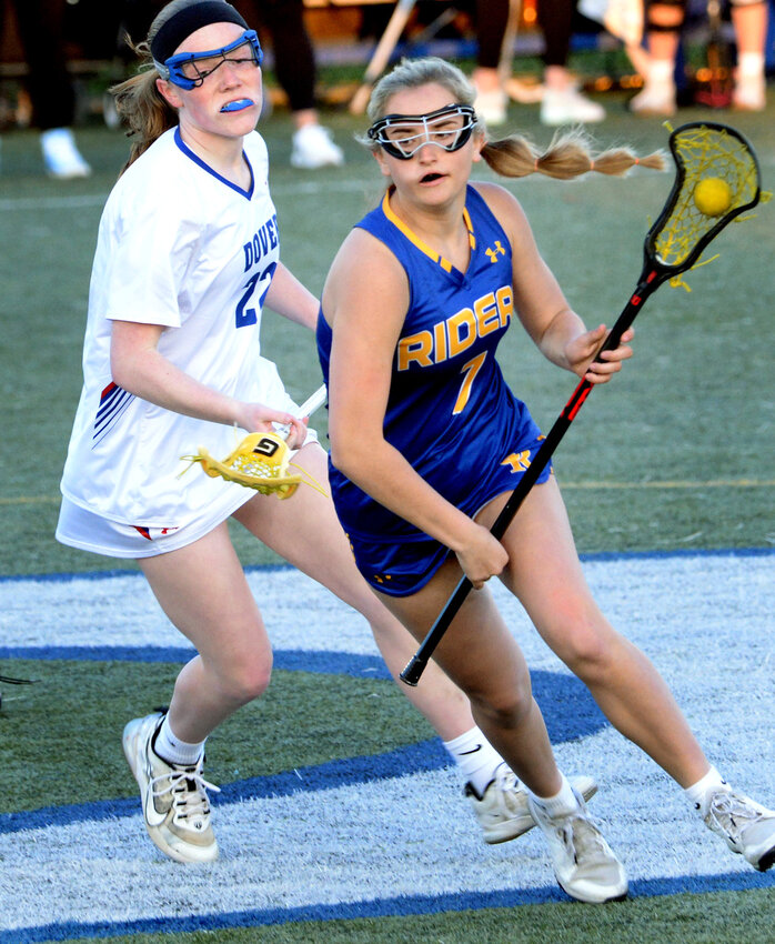 Caesar Rodney High girls' lacrosse player Elle Roberts netted five goals in the Riders' 16-6 win over Caravel on Monday. That total included the 100th goal of the junior's career. DAILY STATE NEWS FILE PHOTO.