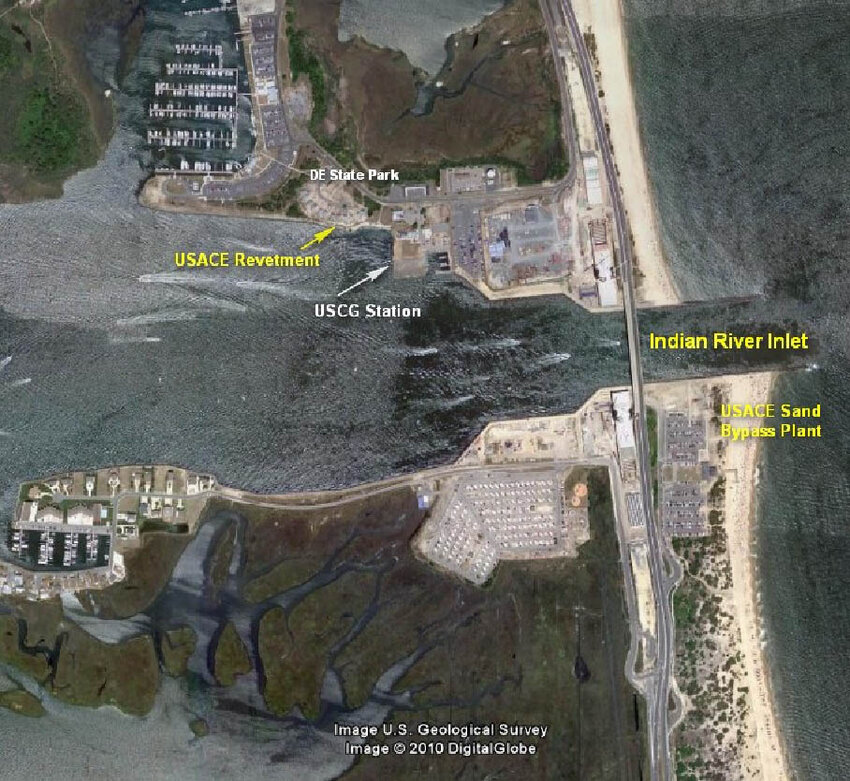 &ldquo;The project authorization includes stabilizing the inlet by construction of parallel jetties 500&rsquo; apart; the dredging of a channel generally 200&rsquo; wide and 15&rsquo; deep from the inner ends of the jetties to a point in the bay substantially 7,000&rsquo; from the ocean shoreline, dredging a channel nine feet deep, 100&rsquo; wide in the bay and 80&rsquo; wide in the river, from that depth in the existing channel in Indian River Bay to and including a turning basin nine feet deep, 175&rsquo; wide and 300&rsquo; long at Old Landing; then about 8,200&rsquo; to highway bridge at Millsboro, 60&rsquo; wide, four feet deep,&rdquo; according to the Congressional factsheet describing the project.