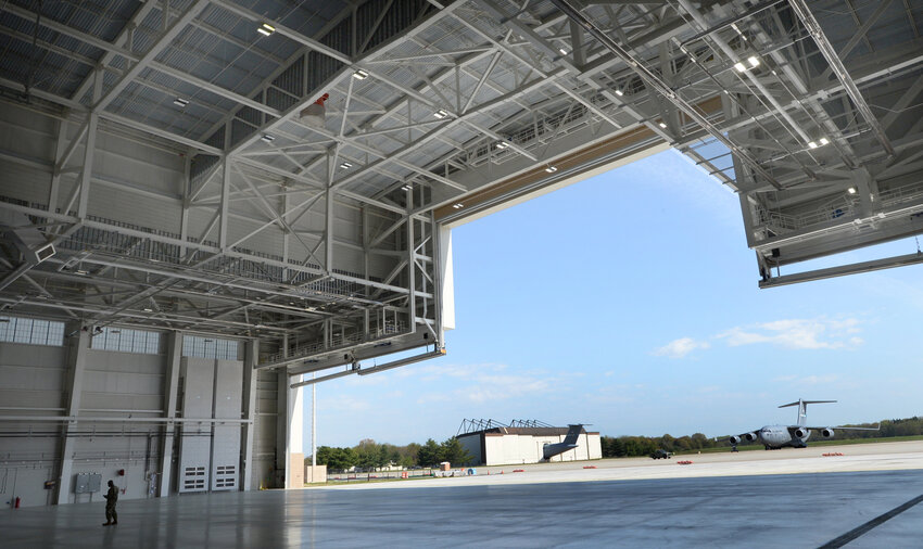 New maintenace hanger at Dover Air Force base is large enough to completely enclose a C-5 or C-17 for maintenance compared to the smaller hangar in background.   SPECIAL TO THE DAILY STATE NEWS/GARY EMEIGH