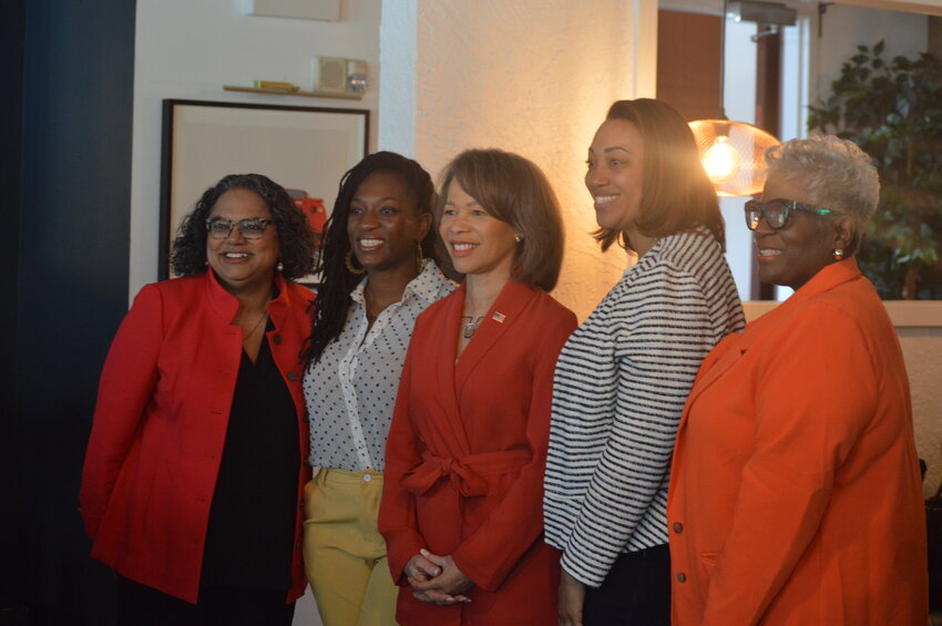 Participants from the Black maternal health roundtable pose for a photo at Oath 84 in Wilmington on Saturday. From left, Mini Timmaraju, president and CEO of Reproductive Freedom for All; State Sen. Marie Pinkney, D-Bear; Congresswoman Lisa Blunt Rochester; Mona Liza Hamlin, pediatric nurse and co-chair of Well Woman/Black Maternal Health Committee; and Tiffany Chalk, co-chair of the Well Woman/Black Maternal Health Committee.