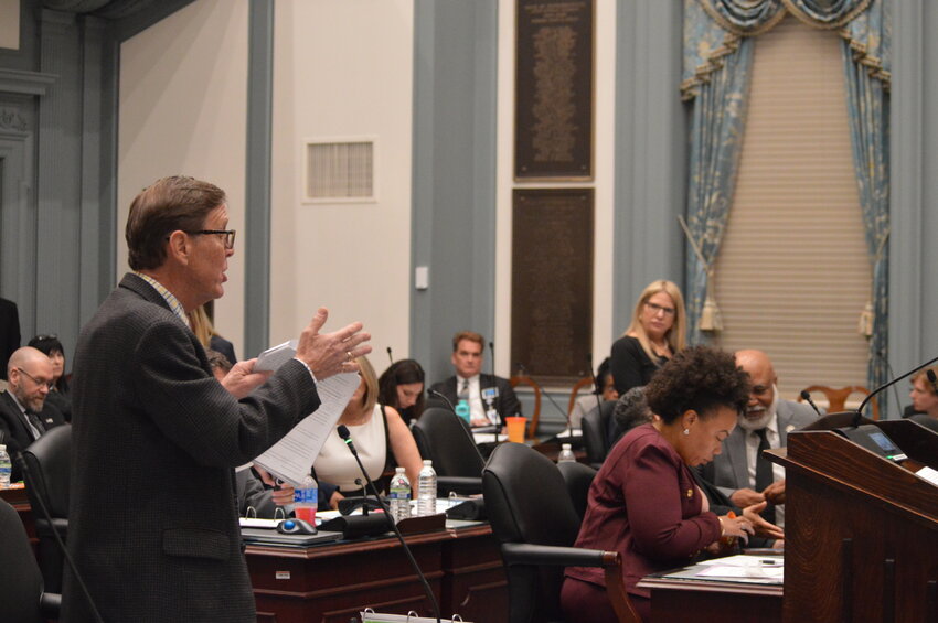 House Minority Leader Mike Ramone, R-Newark, addresses Speaker of the House Valerie Longhurst, D-Bear, during consideration of legislation to implement a hospital cost review board in the First State.