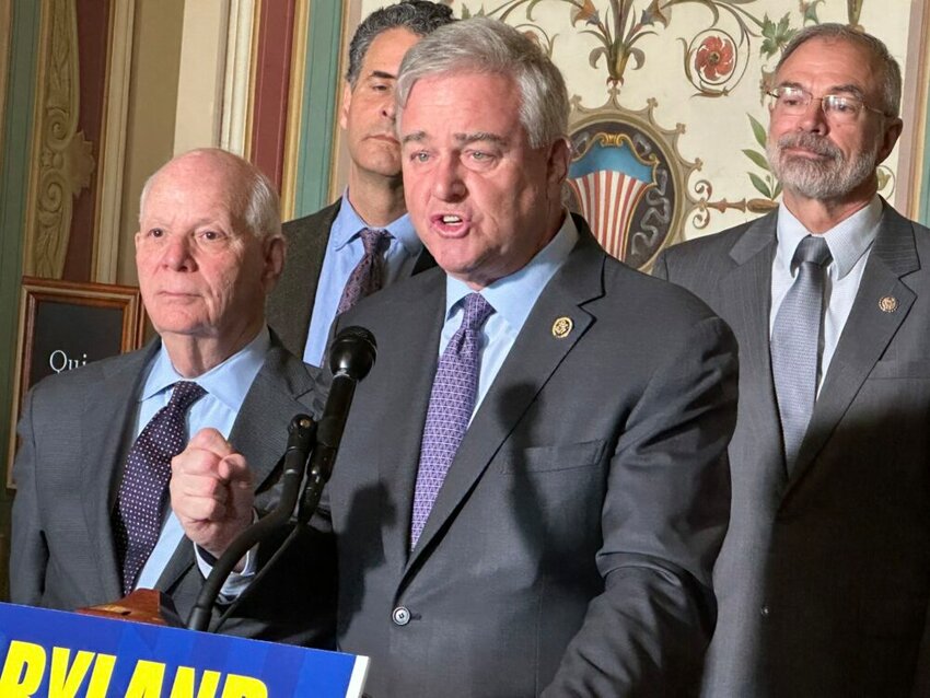 Rep. David Trone speaks at an April 19 press conference in the United States Capitol. He hopes to replace Sen. Ben Cardin (left), D-Maryland, who is retiring. Reps. John Sarbanes, D-Maryland, and Andy Harris, R-Maryland, look on. (Katharine Wilson/Capital News Service)