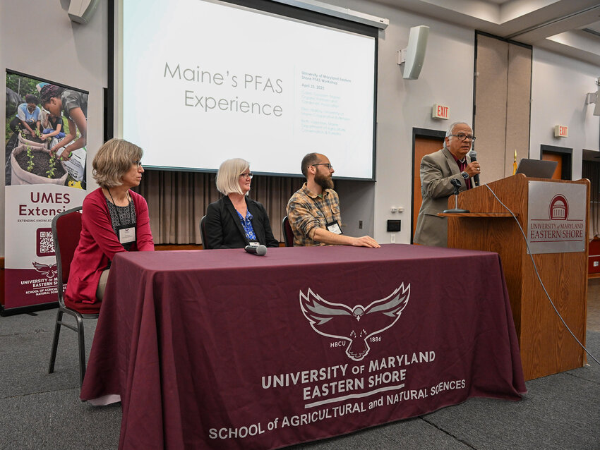 UMES Extension Associate Dean Dr. E. Nelson Escobar introduces a panel of speakers from Maine sharing their PFAS experience, from left, Dr. Ellen Mallory, professor of sustainable agriculture and extension specialist with the University of Maine; Elizabeth Valentine, a lawyer and director of the Fund to Address PFAS Contamination at the Maine Department of Agriculture, Conservation, and Forestry; Dr. Caleb Goossen, the organic crop specialist for the Maine Organic Farmers and Gardeners Association.