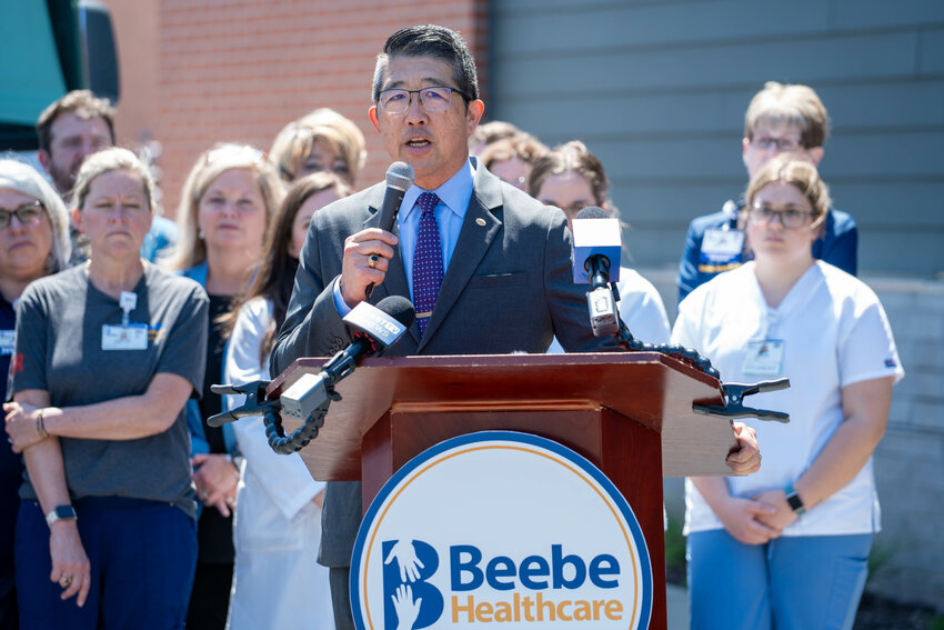 Beebe Healthcare President and CEO Dr. David Tam delivers remarks on an explosion of overdoses within Sussex County during the past week.
