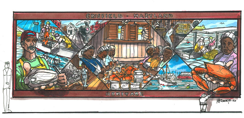 A draft of the seafood workers mural completed by Dorchester County artist Michael Rosato for Crisfield which was unveiled in November 2021. Now a second mural for Crisfield by the same artist is planned and a public meeting is 6 p.m. May 20 at the Corbin Studio and Gallery.