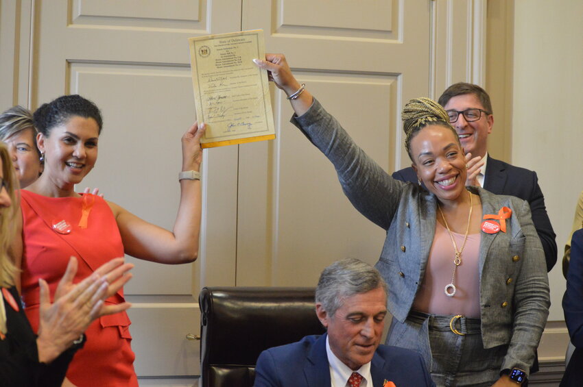 The lead sponsors of Delaware's permit-to-purchase policy, Senate Majority Whip Elizabeth &quot;Tizzy&quot; Lockman, D-Wilmington (left), and House Majority Leader Melissa Minor-Brown, D-New Castle (right), hold up Senate Bill 2 after Gov. John Carney signed it into law Thursday.
