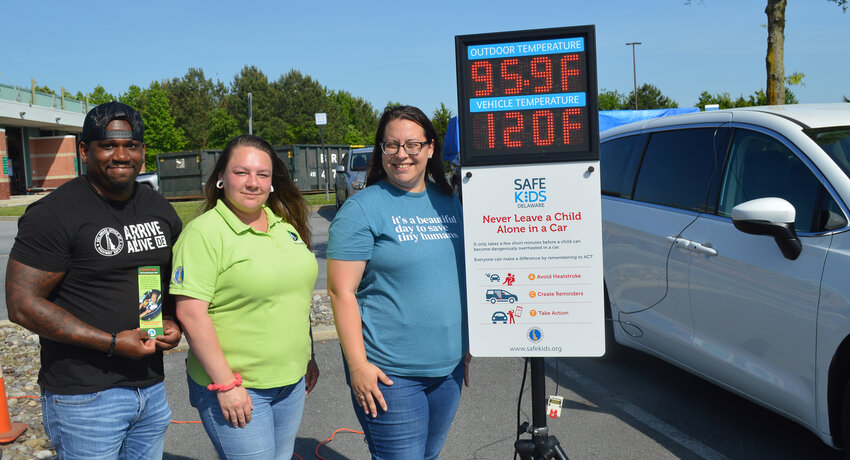 From left, Elliott Nichols, Meghan Niddrie and Aubrey Klick mark the inside temperature of a vehicle during the Delaware Office of Highway Safety's demonstration about heatstroke danger Wednesday.