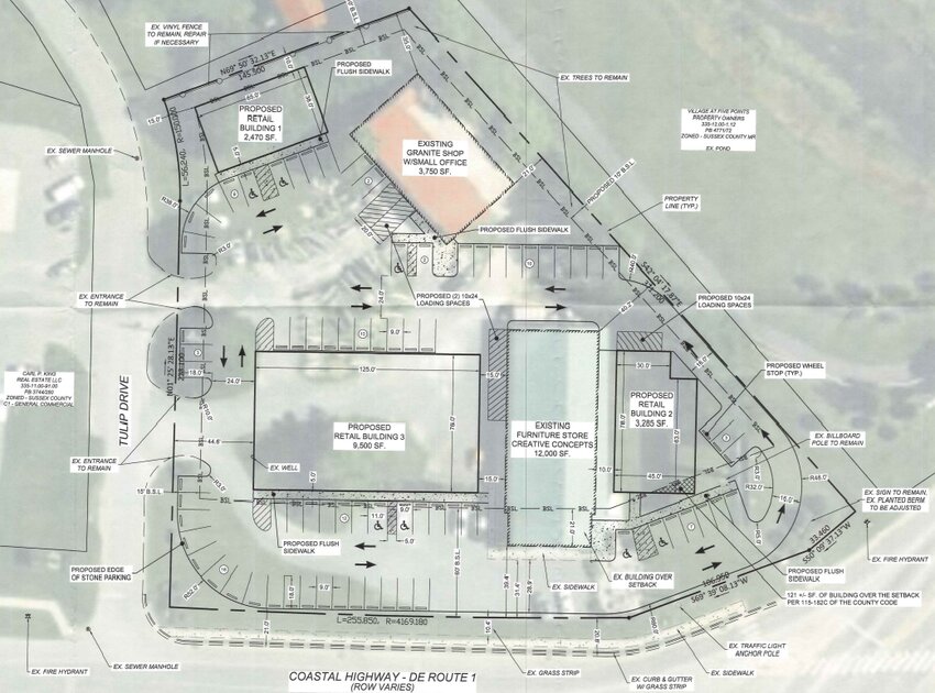 This site plan shows the development for a lot at the intersection of Coastal Highway and Tulip Drive, near Lewes.