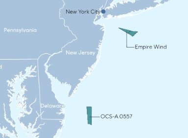 Equinor's east coast offshore wind projects, Empire Wind 1, and the area off the Delaware Coast marked OCS-A 0557